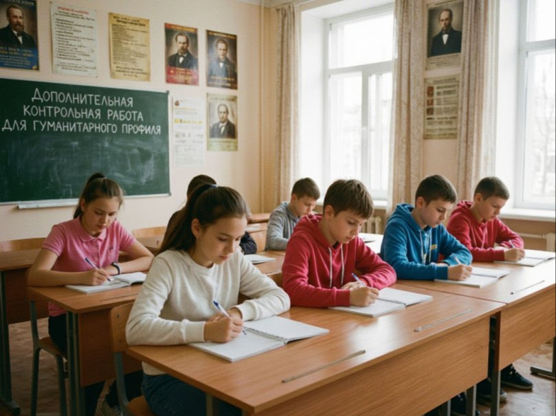На изображении класс с детьми, сидящими за партами. Они пишут в тетрадях. На доске написано «Дополнительная контрольная работа для гуманитарного профи.