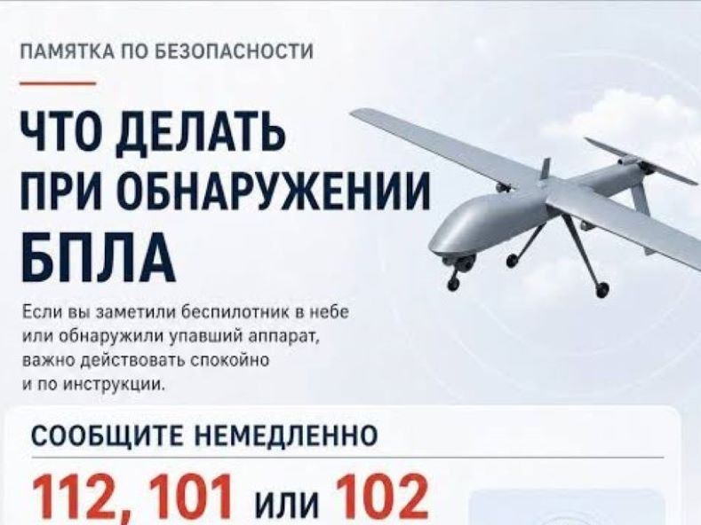 Фон светло-серый. Изображен БПЛА. Надпись, что при обнаружении БПЛА необходимо позвонить по телефонам 112, 101, 102.